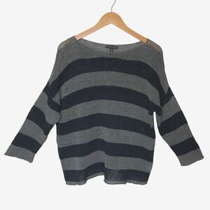 Eileen Fisher Organic Cotton Striped Open Knit Sweater Medium Gray Green Beach